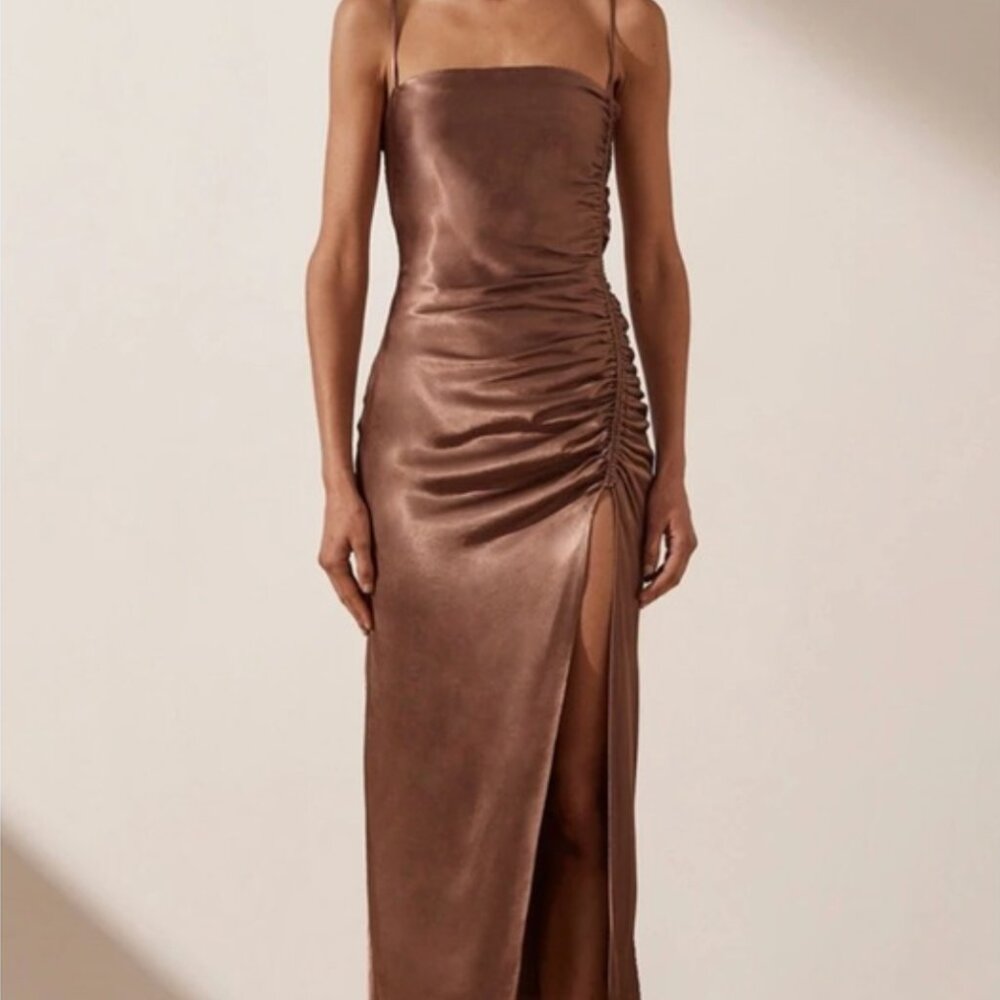 Shona Joy Lily Ruched Dress in Bronze Brown Size 6